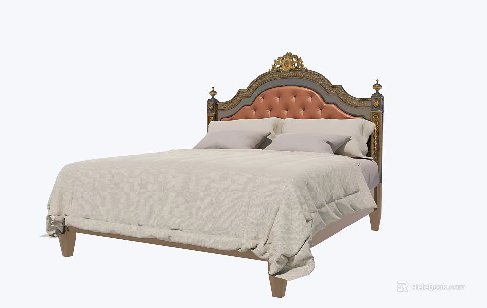 Vintage European Style Double Bed With Ornate Carved Upholstered Headboard And Wooden Frame 3d model 