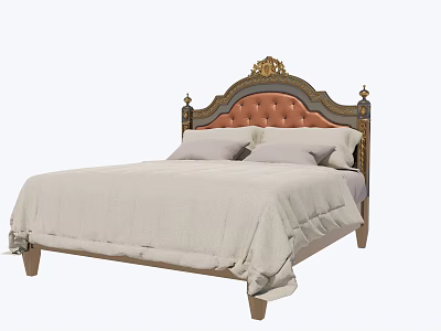 Vintage European Style Double Bed With Ornate Carved Upholstered Headboard And Wooden Frame 3d model