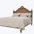 Vintage European Style Double Bed With Ornate Carved Upholstered Headboard And Wooden Frame