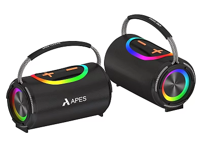 APES Portable Bluetooth Speakers Black Design With RGB Ring Lights Handheld Straps And Control Buttons 3d model