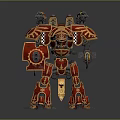 Detailed Red and Yellow Mechanical Robot Warrior with Weapons and Armor in Standing Position