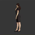 Woman in Brown Dress Talking on Phone Against Gray Background Wearing Black Heels and Ponytail