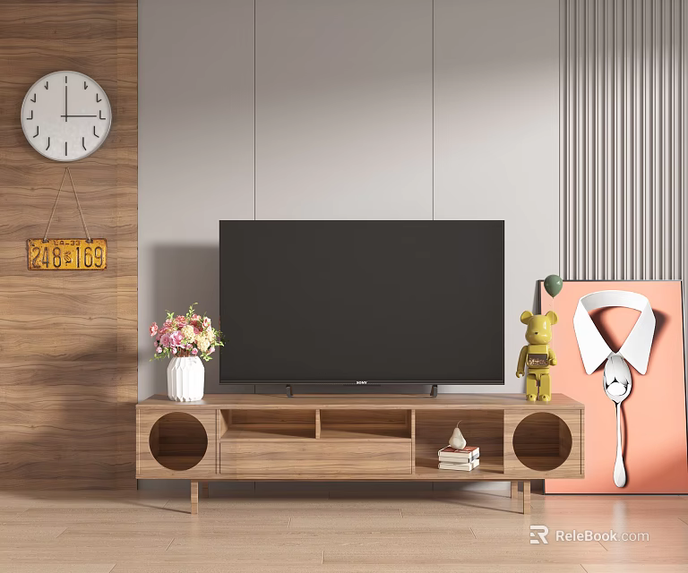 Wooden TV Stand with Black TV White Flower Vase Yellow Bear Wall Clock Home Decor 3d model 