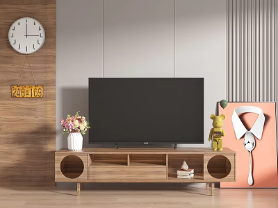 Wooden TV Stand with Black TV White Flower Vase Yellow Bear Wall Clock Home Decor 3d model