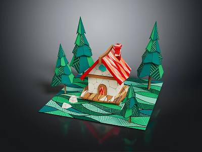 Cartoon Scene With Small House Red Roof Green Trees Wavy Green Grass And White Stones 3d model
