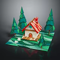 Cartoon Scene With Small House Red Roof Green Trees Wavy Green Grass And White Stones