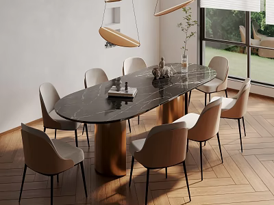 Modern Dining Table Set With Black Marble Top Golden Legs And Beige Chairs 3d model