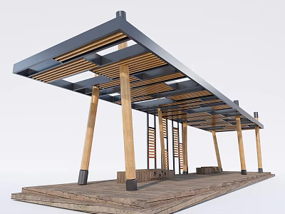 Modern Outdoor Pergola With Wooden Columns Roof Beams And Platform Design 3d model