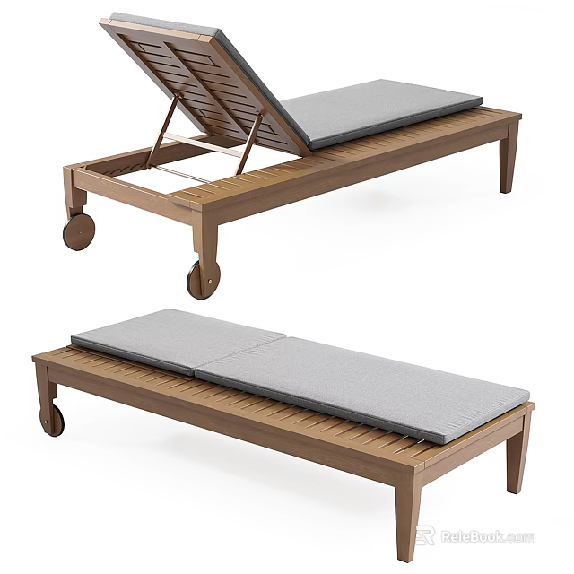 Comfortable Outdoor Lounge Chair With Wooden Frame Gray Cushion Adjustable Backrest And Wheels 3d model 