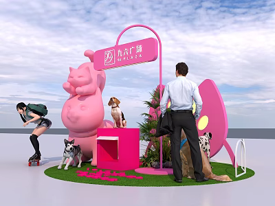 Pink Check in Photo Spot With Large Plush Doll Green Plants Signboard and Dogs 3d model