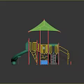 Outdoor Playground Equipment With Green Canopy Red Yellow Structures Slide Ladder And Sandy Ground