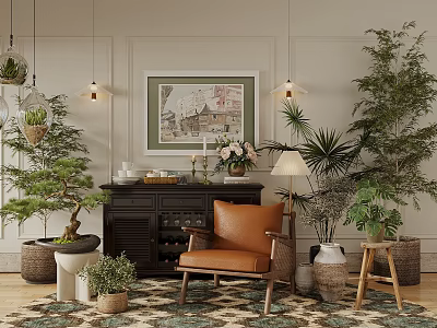 Brown Leather Leisure Chair In Living Room With Potted Plants Patterned Rug And Framed Artwork 3d model