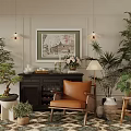 Brown Leather Leisure Chair In Living Room With Potted Plants Patterned Rug And Framed Artwork