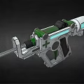 Futuristic Sci Fi Gun With Green Silver Mechanical Design Blue Glowing Elements And Cross Symbol