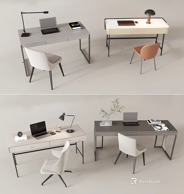 Modern Desks With Laptop Desk Lamp Chair And Small Plant 3d model 