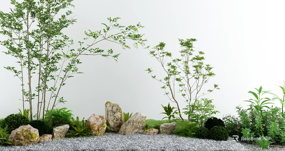 Courtyard Garden Design With Lush Green Trees Stones Gravel Ground And Bushes 3d model 
