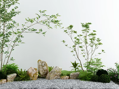 Courtyard Garden Design With Lush Green Trees Stones Gravel Ground And Bushes 3d model
