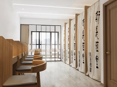 School Study Space With Wooden Desks White Curtains Black Characters And Glass Doors Leading Outside 3d model