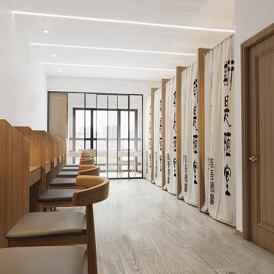 School Study Space With Wooden Desks White Curtains Black Characters And Glass Doors Leading Outside 3d model