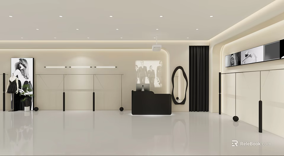 Elegant Light Luxury Clothing Store Interior With Sleek Display Racks And Round Mirrors 3d model 
