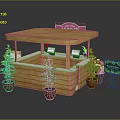 Comfortable Leisure Chair Near Wooden Kiosk With Pink Light Sign Green Plants And Displays