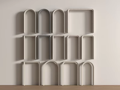 Assorted Metal Frames in Arched and Rectangular Shapes on White Wall With Wooden Countertop 3d model