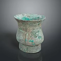 Ancient Bronze Sculpture Vessel With Intricate Carved Patterns And Green Patina Surface