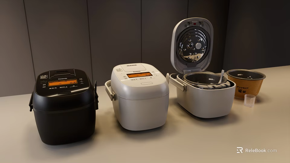 Black and White Electric Kitchen Rice Cookers With Open Lid And Accessories 3d model 