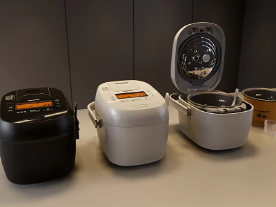 Black and White Electric Kitchen Rice Cookers With Open Lid And Accessories 3d model