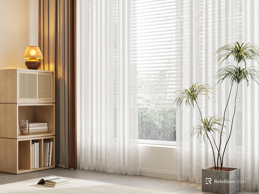 White Sheer Curtains With Window Blinds And Areca Palm In Modern Cozy Room 3d model 