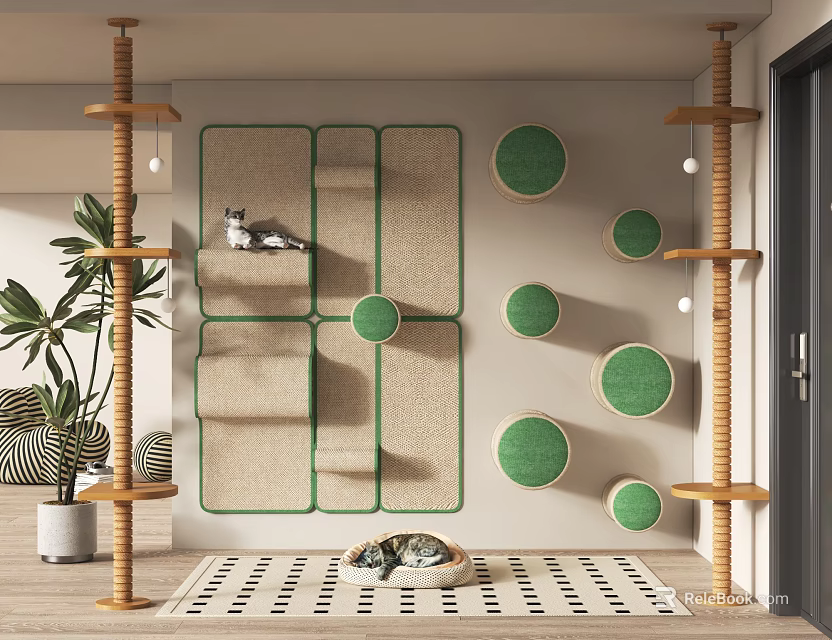 Modern Indoor Cat Tree With Wooden Poles Green Circular Platforms And Scratching Posts 3d model 