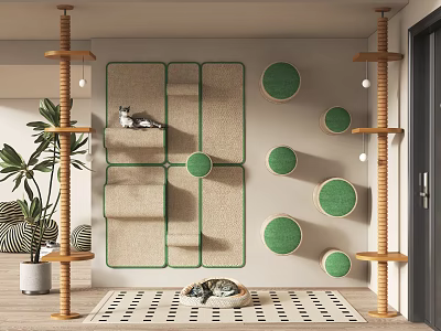 Modern Indoor Cat Tree With Wooden Poles Green Circular Platforms And Scratching Posts 3d model