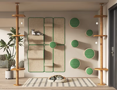 Modern Indoor Cat Tree With Wooden Poles Green Circular Platforms And Scratching Posts 3d model