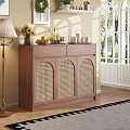 Wooden Storage Sideboard with Rattan Weave Doors and Decorative Items in Bright Living Room