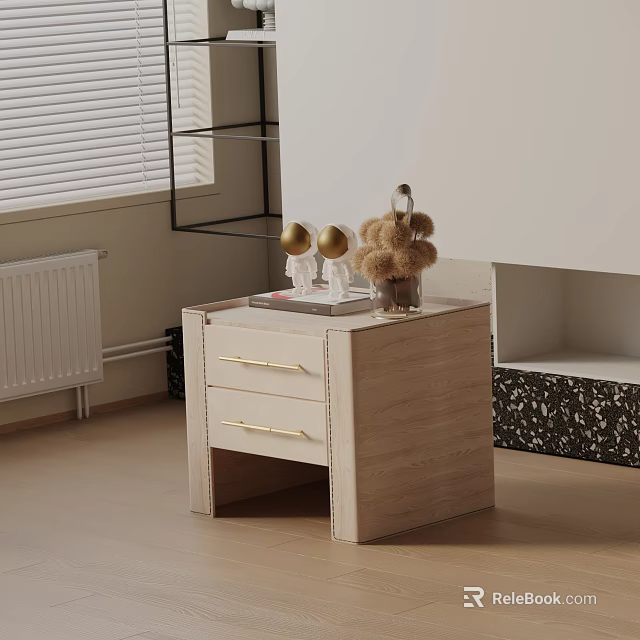 Modern Wooden Nightstand With Two Drawers Gold Handles And Decorative Ornaments 3d model 