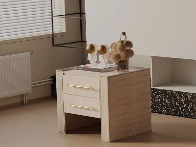 Modern Wooden Nightstand With Two Drawers Gold Handles And Decorative Ornaments 3d model