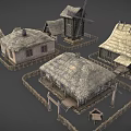 Wooden Houses with Thatched Roofs and Wooden Fences in Rural Setting