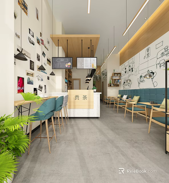Bubble Tea Shop Modern Interior with Wall Decor Hanging Lamps Menu Boards and Green Plants 3d model 