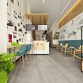 Bubble Tea Shop Modern Interior with Wall Decor Hanging Lamps Menu Boards and Green Plants