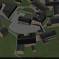 Aerial View Of Traditional Village With Gray Roofs Green Grass And Central Courtyard