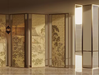 Song Style New Medium Screen Partition Wooden Screen Wire-drawing Glass 3d model