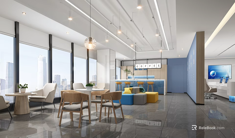 Spacious Modern Break Room Interior Design With Large Windows Comfortable Seating And Coffee Station 3d model