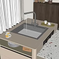 Stainless Steel Kitchen Sink with Water Flowing from Faucet on White Countertop