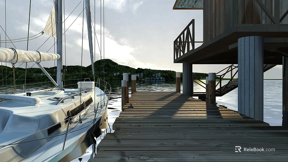 Wooden Bridge Dock With White Sailboat Green Hills And Cloudy Sky 3d model 
