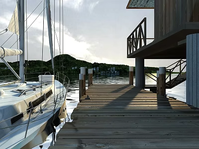 Wooden Bridge Dock With White Sailboat Green Hills And Cloudy Sky 3d model