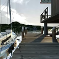 Wooden Bridge Dock With White Sailboat Green Hills And Cloudy Sky