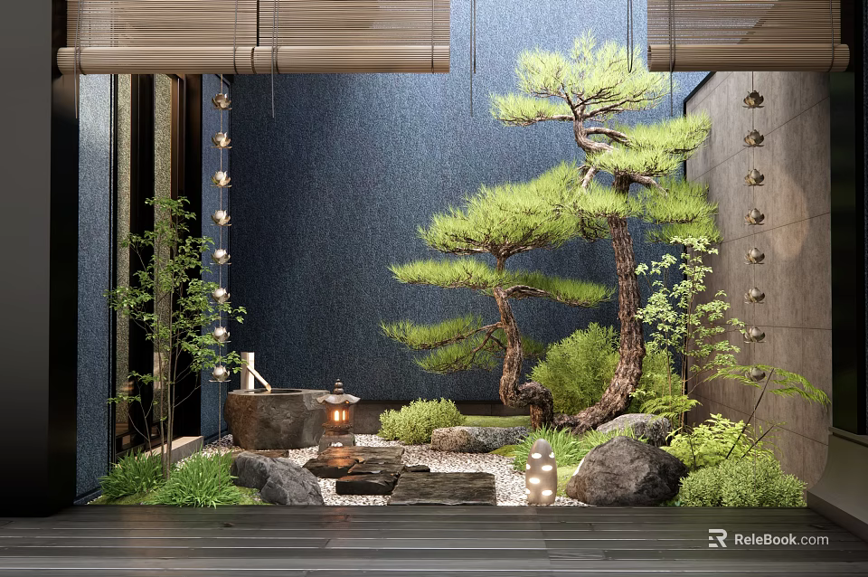 Japanese Courtyard Garden Featuring Pine Tree Rocks Lantern Dark Blue Wall And Green Plants 3d model 