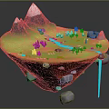 Cartoon Floating Island Scene With Green Grass Mountains River And Waterfall
