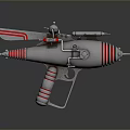 Futuristic Sci Fi Weapon With Silver Metal Body Red Stripe Accents And Retro Futuristic Design