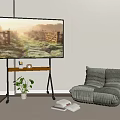 Modern TV Showing Scenic View with Wooden Trolley Green Bean Bag Chair and Potted Plant